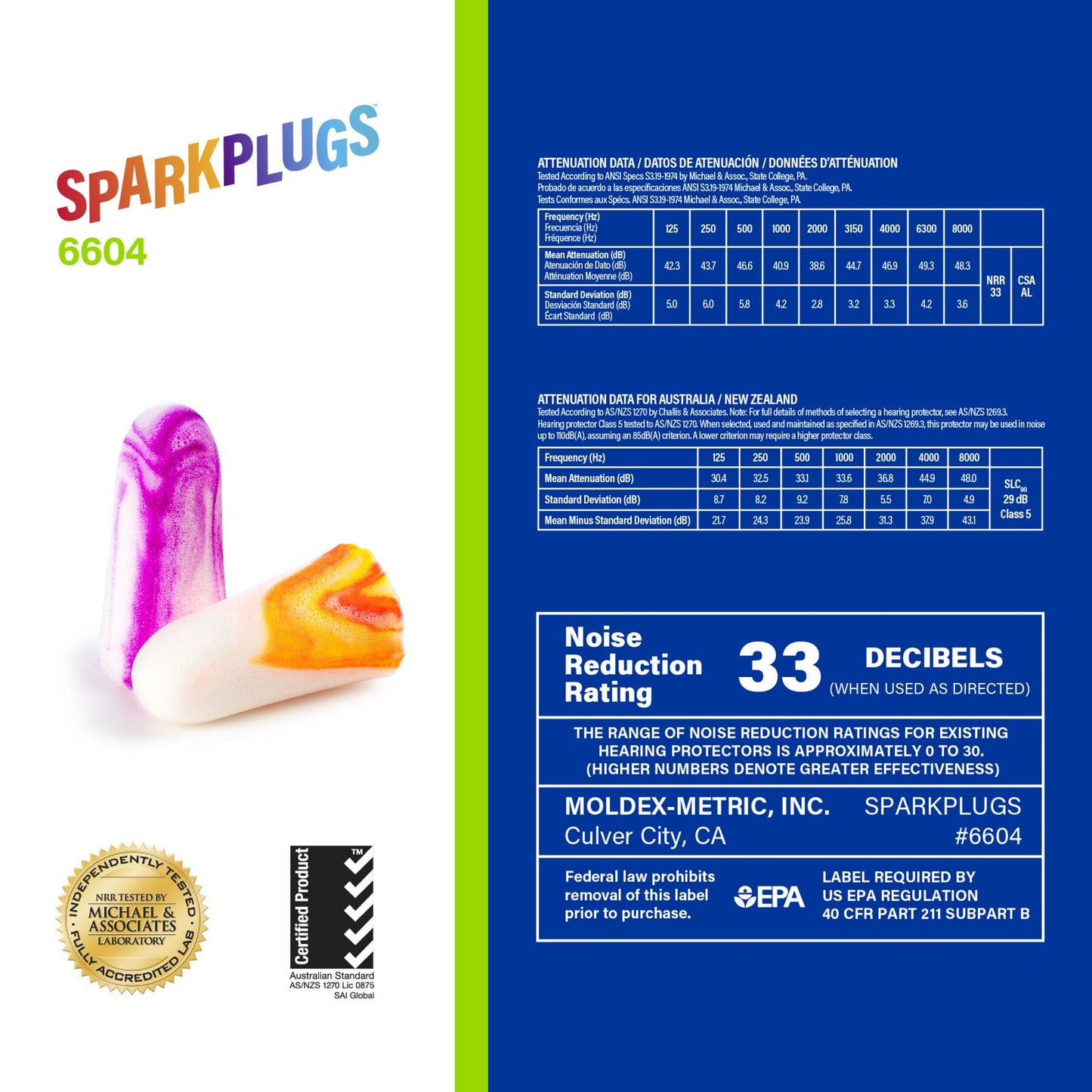 Moldex SparkPlugs 6604 Uncorded Disposable Foam Earplugs 200 Pairs NRR33dB