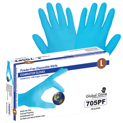 Blue medical grade nitrile, powder-free, 5-mil textured fingertips, 100 gloves per box, 10BX/1CS