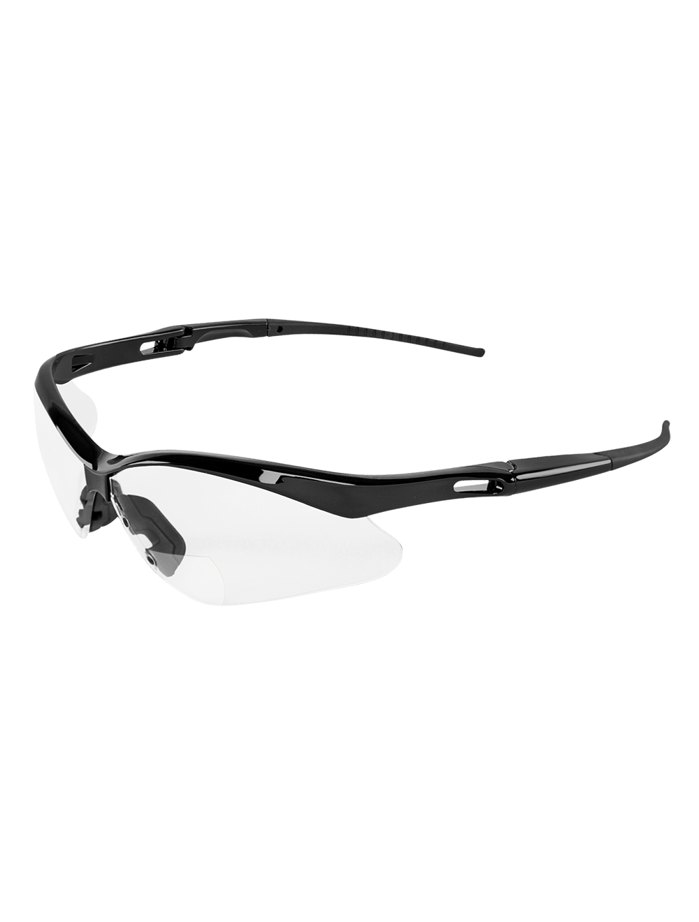 Clear 1.5 diopter reader style lens, black frame, TPR nose piece and temple ends