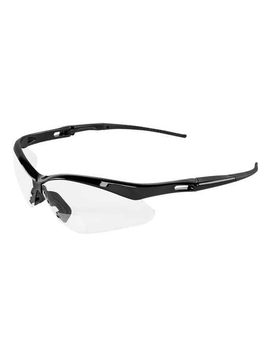Clear 1.5 diopter reader style lens, black frame, TPR nose piece and temple ends