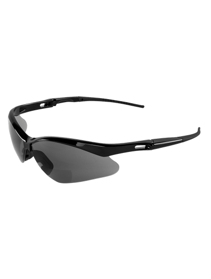 Smoke lens 1.5 diopter reader style lens, black frame, TPR nose piece and temple ends
