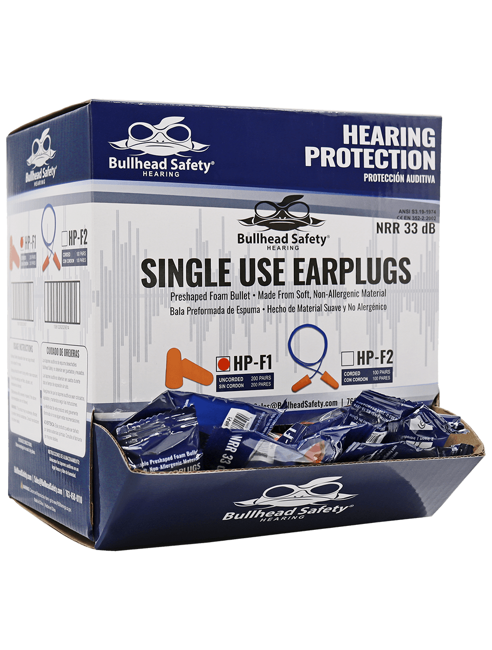 Bullhead Safety Hearing Protection Uncorded Polyurethane Foam NRR 32 dB Earplugs