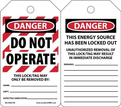 OSHA Danger Lockout Safety Tags: Do Not Operate MLT400PTP 25/pk
